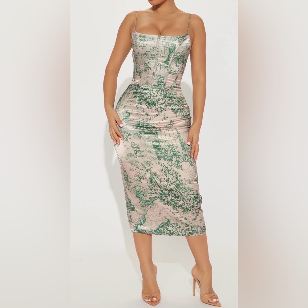 Fashion Nova Green and Tan Midi Dress